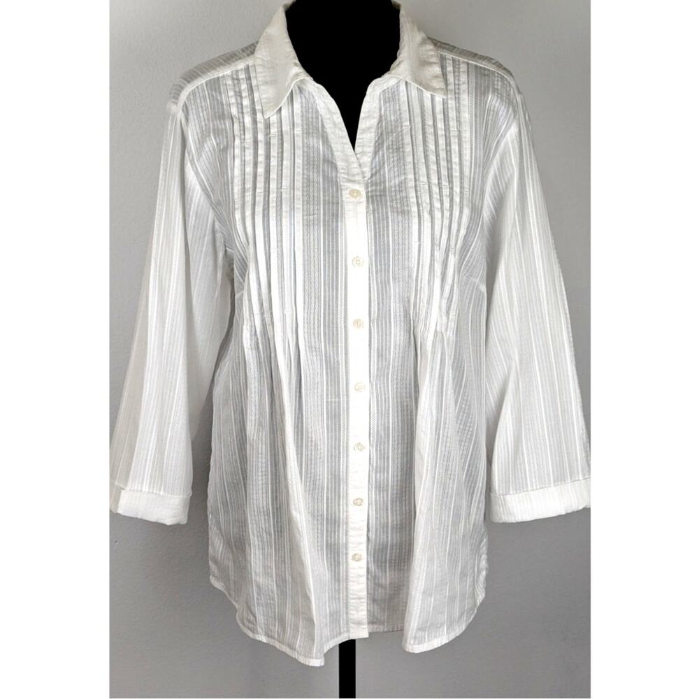 Christopher & Banks White Pintuck Tunic Top Sz L 100% Cotton Boho Lagenlook EUCC